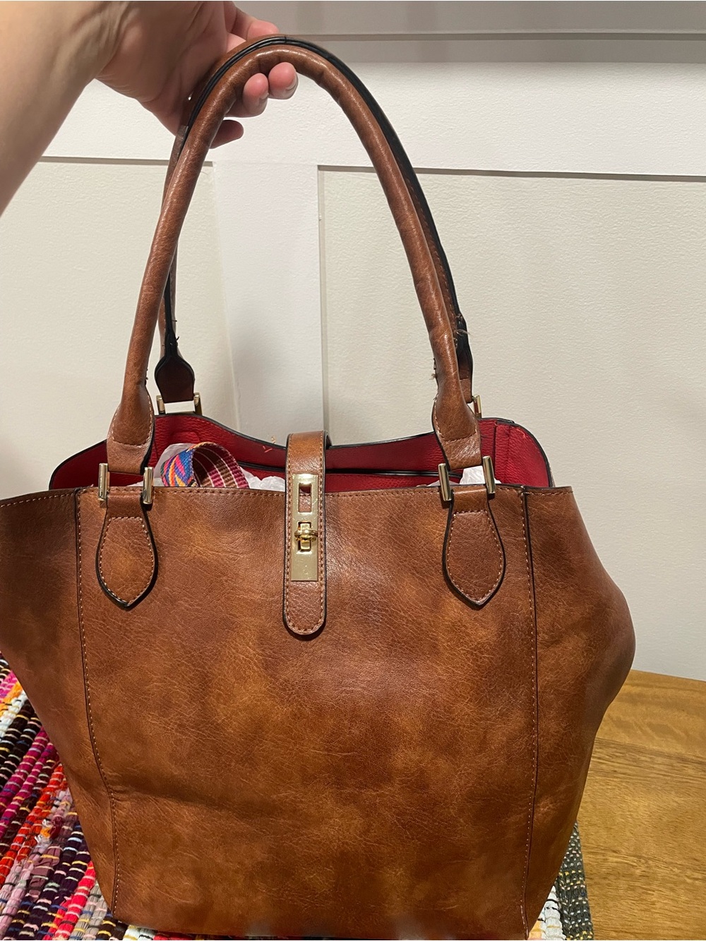 Women's Brown vegan “leather” Tote Handbag with Red Interior